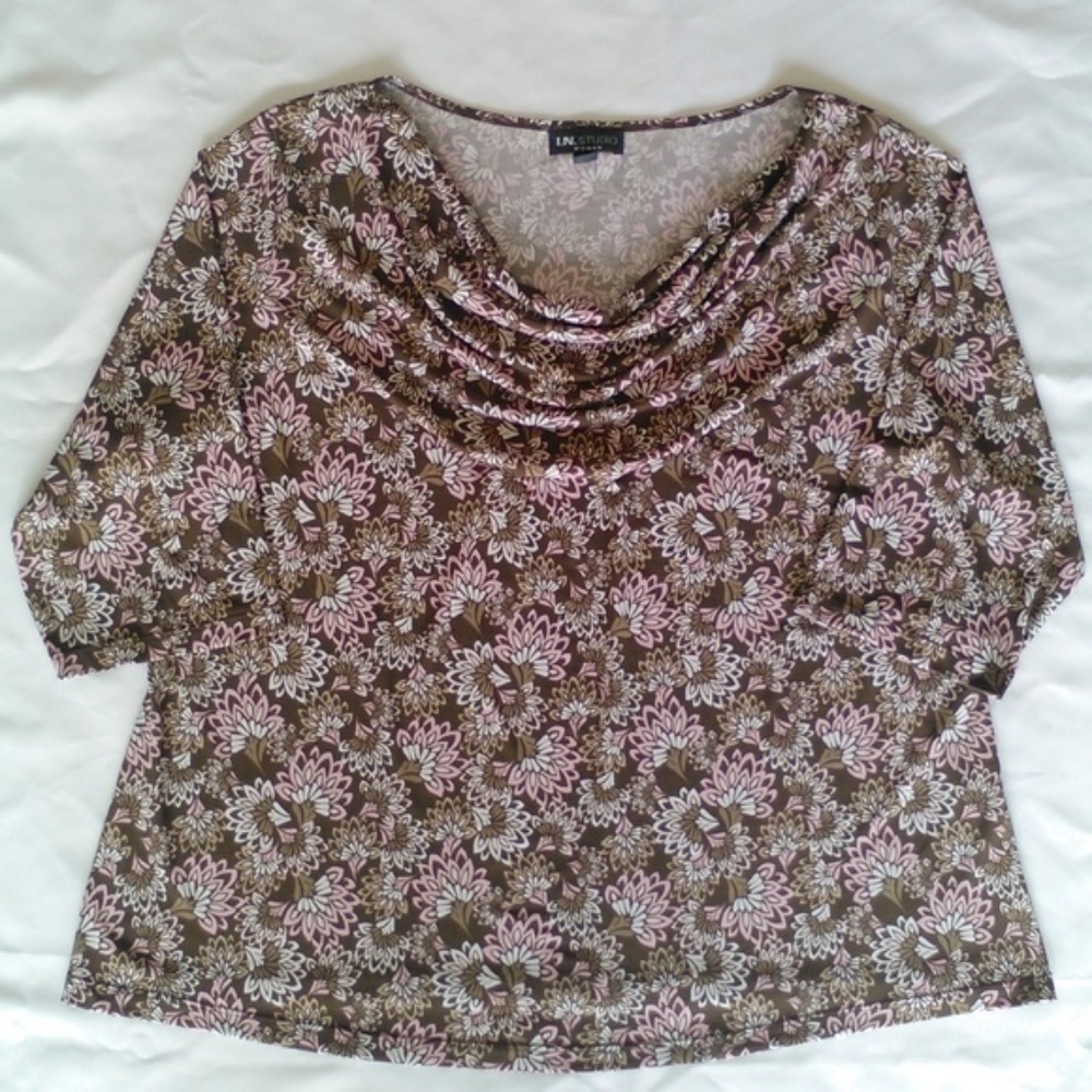 Floral Paisley Cowl Neck 3/4 Sleeve Draped Blouse IN Studios Stretchy 1X Pretty